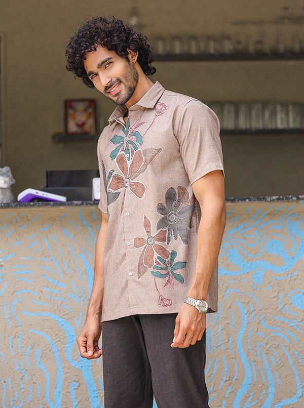 Artisanal Rose Floral Cotton Slub Shirt – Hand-Illustrated Botanical Print