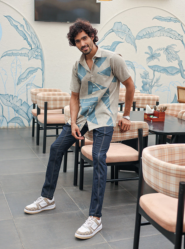 Premium Cotton Slub Geometric Print Shirt – Earthy Beige & Arctic Blue