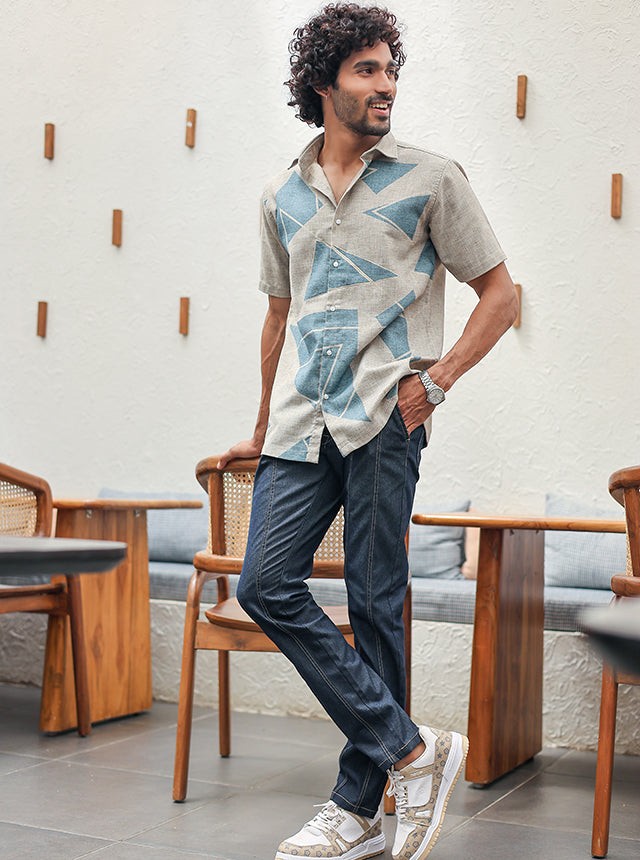 Premium Cotton Slub Geometric Print Shirt – Earthy Beige & Arctic Blue