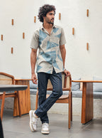 Premium Cotton Slub Geometric Print Shirt – Earthy Beige & Arctic Blue