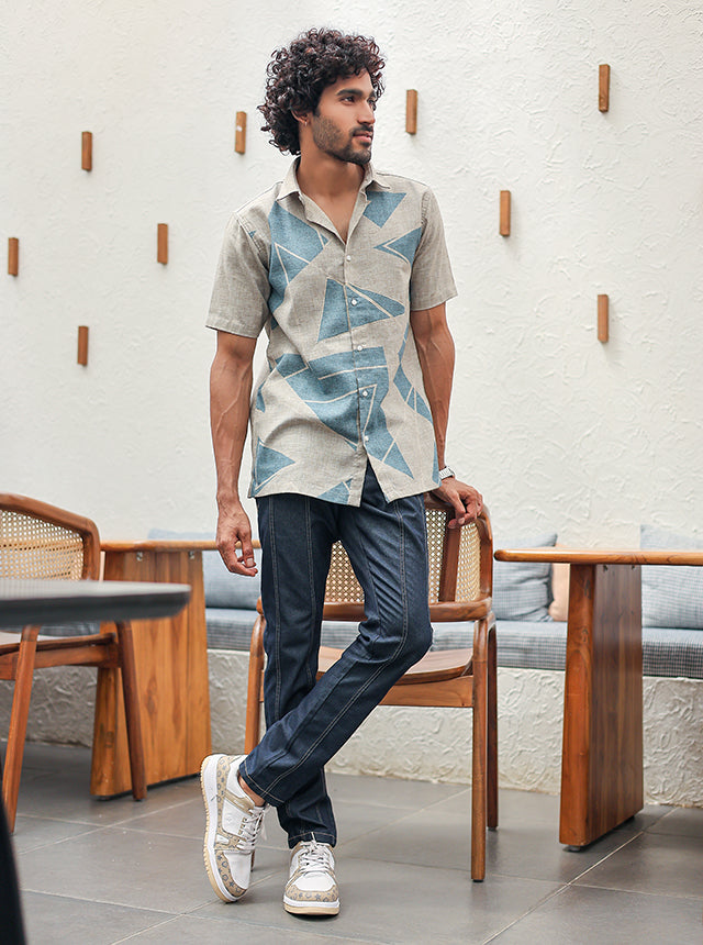 Premium Cotton Slub Geometric Print Shirt – Earthy Beige & Arctic Blue