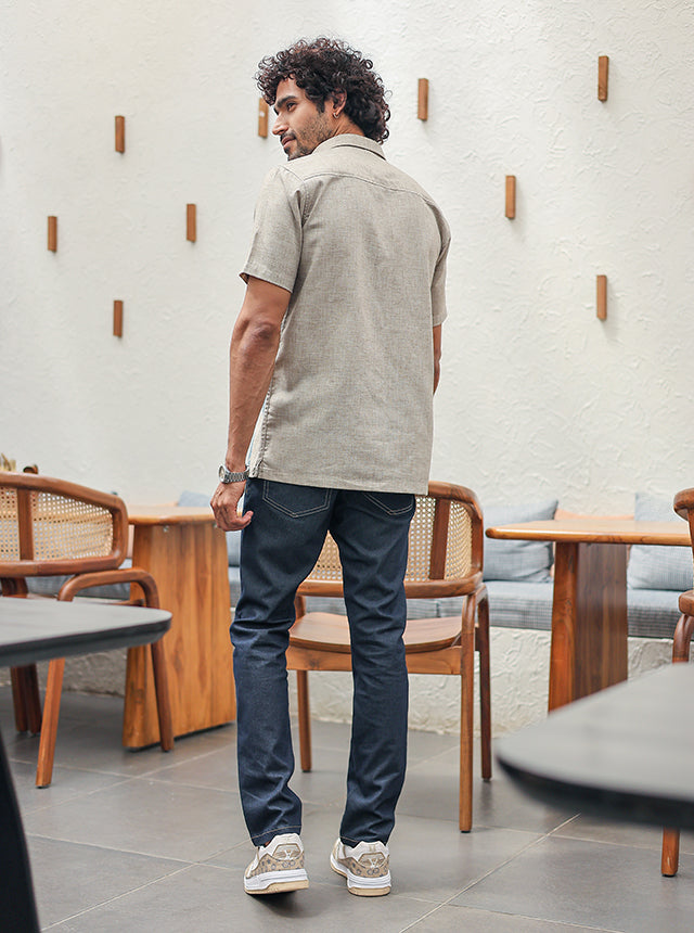 Premium Cotton Slub Geometric Print Shirt – Earthy Beige & Arctic Blue