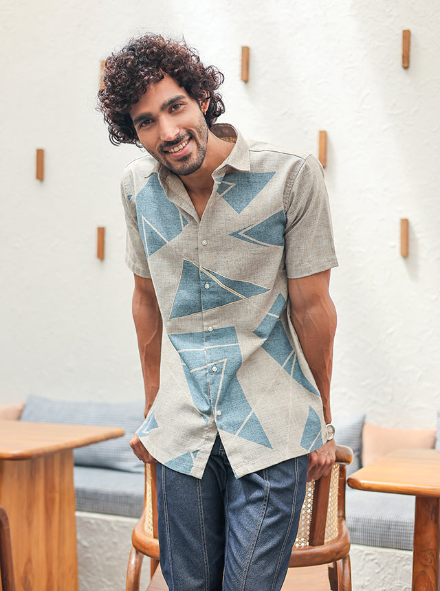 Premium Cotton Slub Geometric Print Shirt – Earthy Beige & Arctic Blue