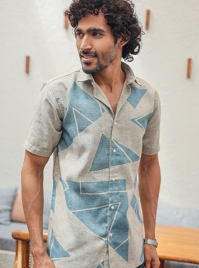 Premium Cotton Slub Geometric Print Shirt – Earthy Beige & Arctic Blue