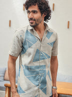Premium Cotton Slub Geometric Print Shirt – Earthy Beige & Arctic Blue
