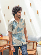 Premium Cotton Slub Geometric Print Shirt – Earthy Beige & Arctic Blue