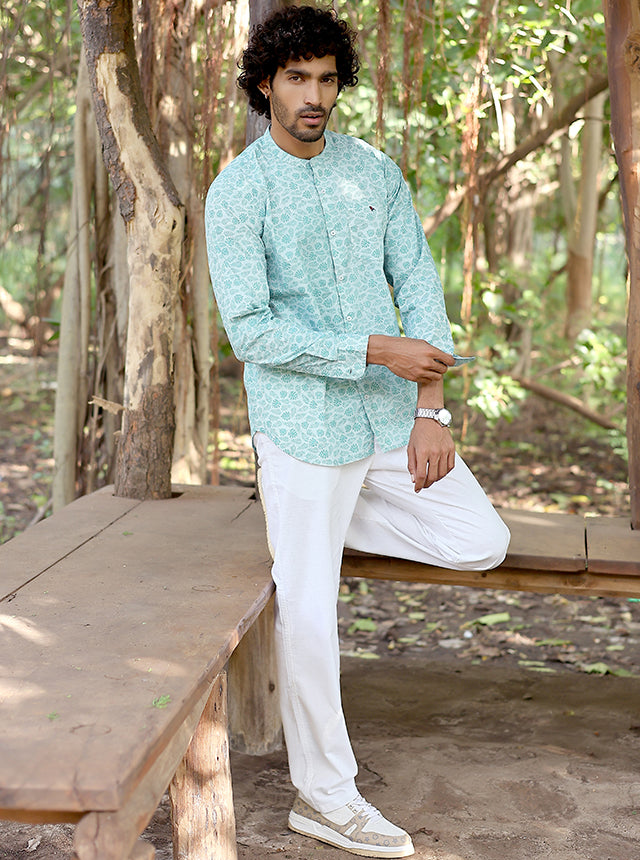Men’s Premium 100% Cotton Mint Botanical Print Mandarin Collar Shirt