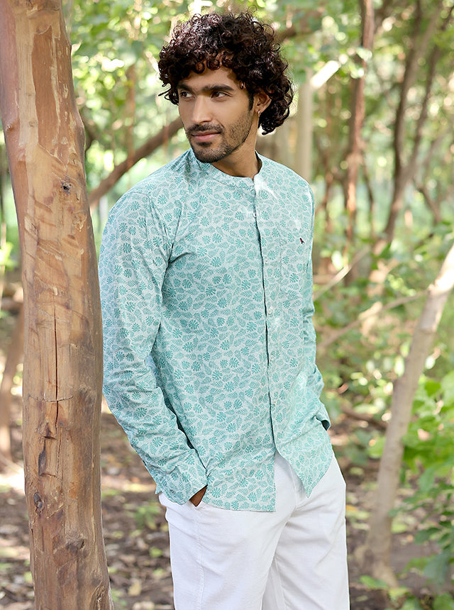 Men’s Premium 100% Cotton Mint Botanical Print Mandarin Collar Shirt