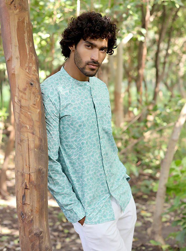 Men’s Premium 100% Cotton Mint Botanical Print Mandarin Collar Shirt