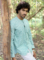 Men’s Premium 100% Cotton Mint Botanical Print Mandarin Collar Shirt