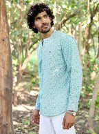 Men’s Premium 100% Cotton Mint Botanical Print Mandarin Collar Shirt