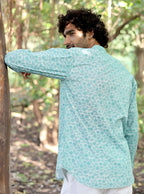 Men’s Premium 100% Cotton Mint Botanical Print Mandarin Collar Shirt