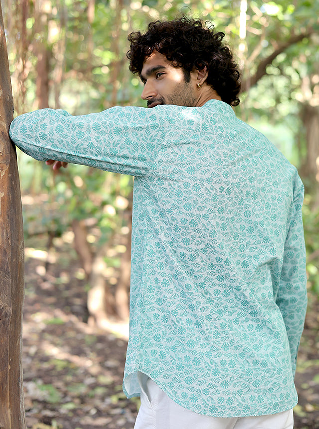 Men’s Premium 100% Cotton Mint Botanical Print Mandarin Collar Shirt