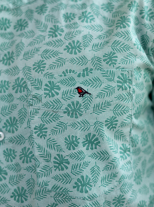 Men’s Premium 100% Cotton Mint Botanical Print Mandarin Collar Shirt