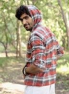 Men’s Premium 100% Brushing Cotton Plaid Hoodie – Rust & Grey Checkered Pullover