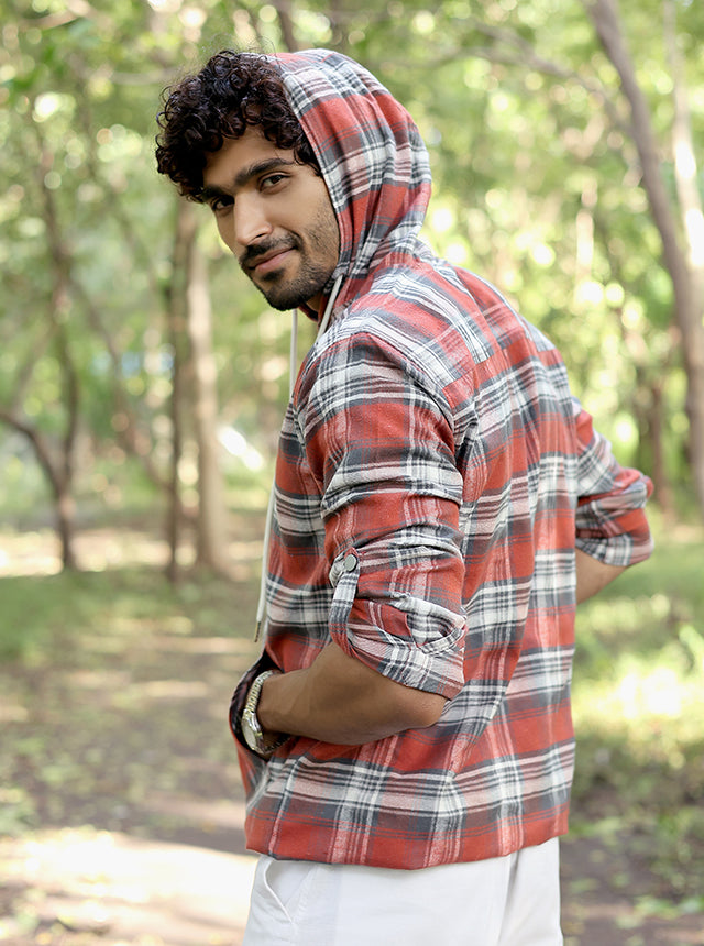 Men’s Premium 100% Brushing Cotton Plaid Hoodie – Rust & Grey Checkered Pullover