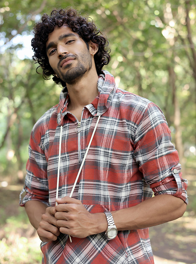 Men’s Premium 100% Brushing Cotton Plaid Hoodie – Rust & Grey Checkered Pullover