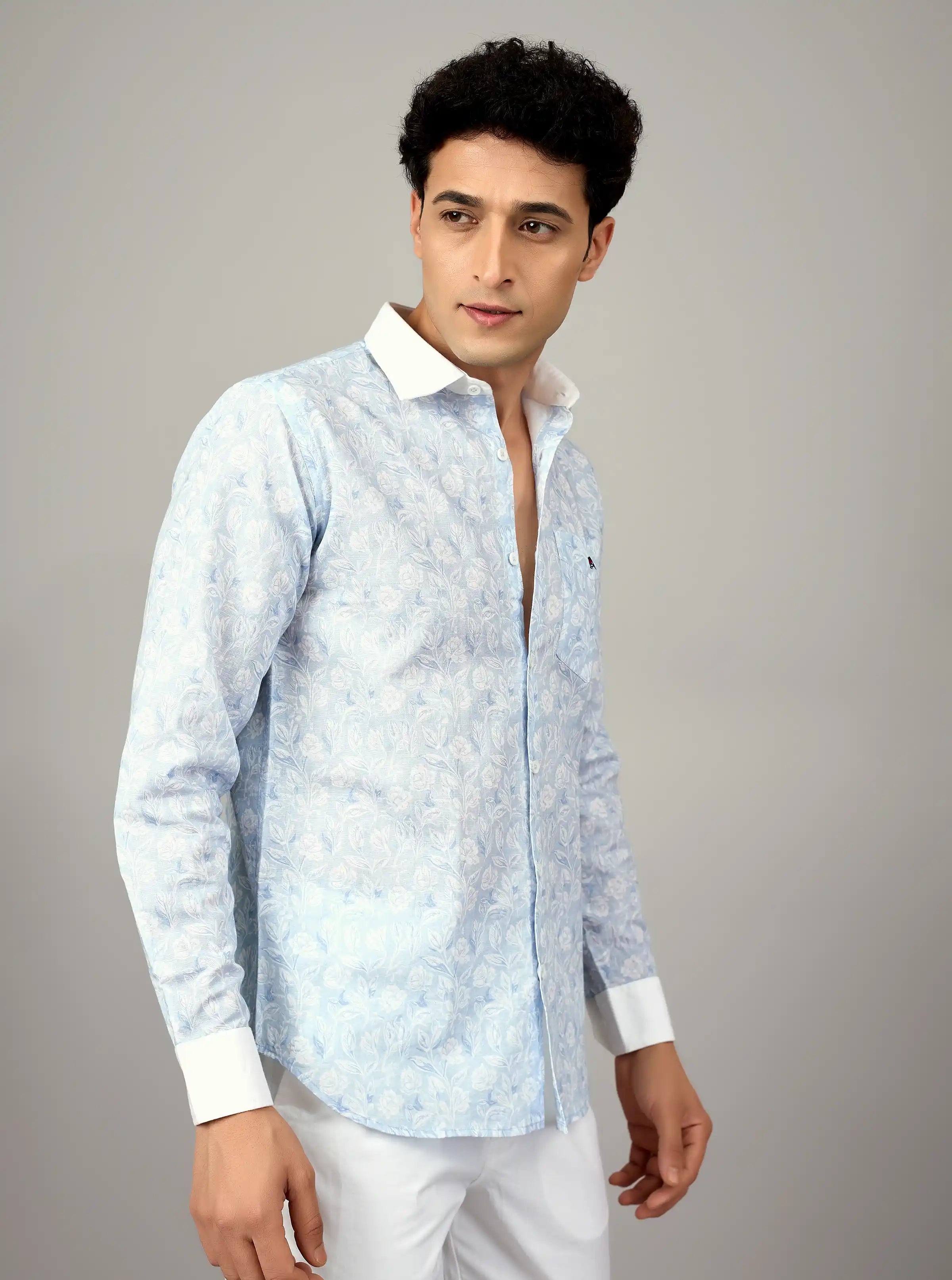 Sky Blue Floral Artisanal Linen Shirt – Contrast Edition