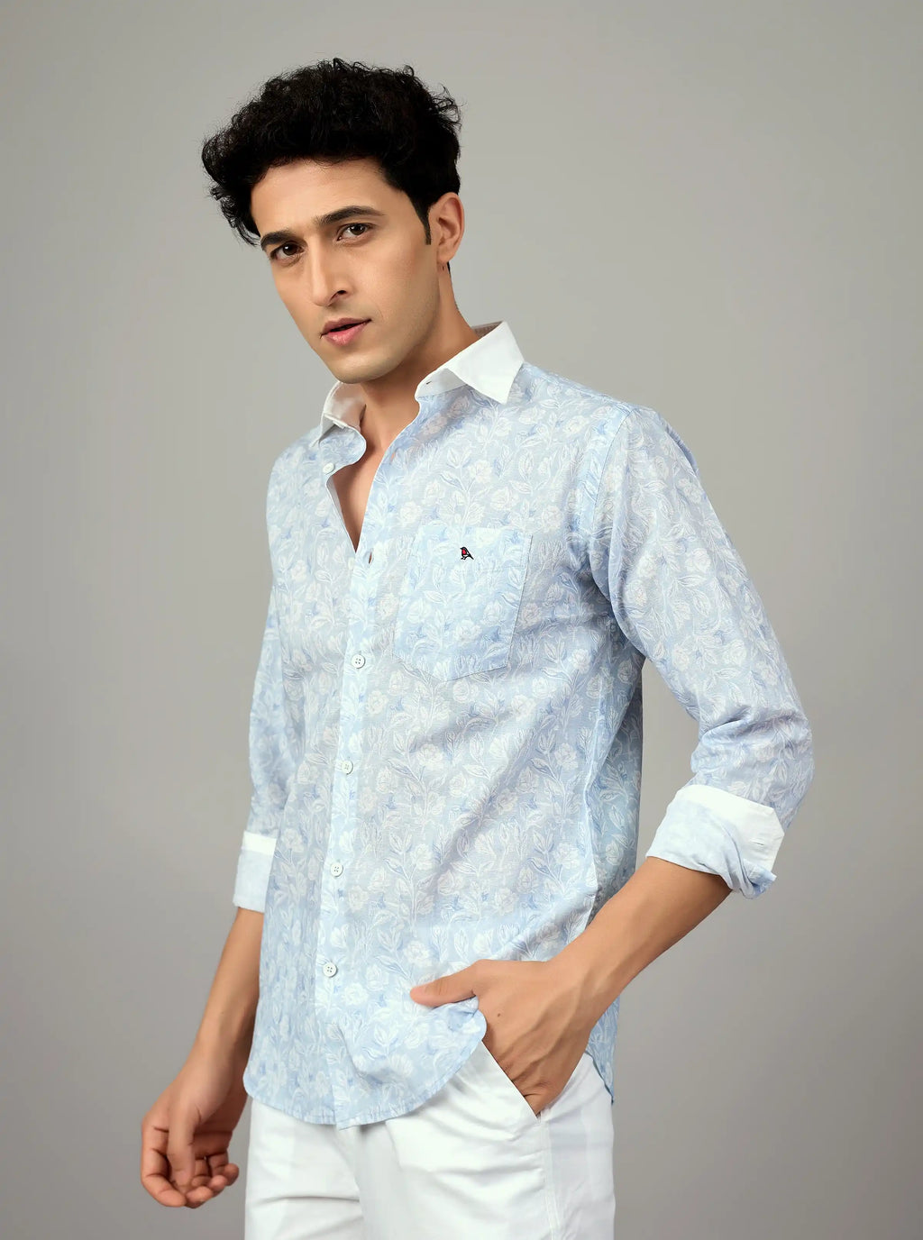 Sky Blue Floral Artisanal Linen Shirt – Contrast Edition