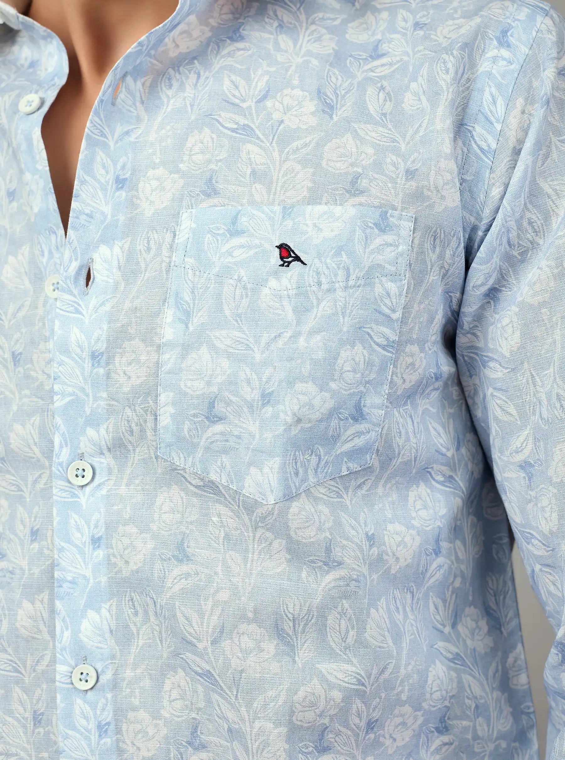 Sky Blue Floral Artisanal Linen Shirt – Contrast Edition