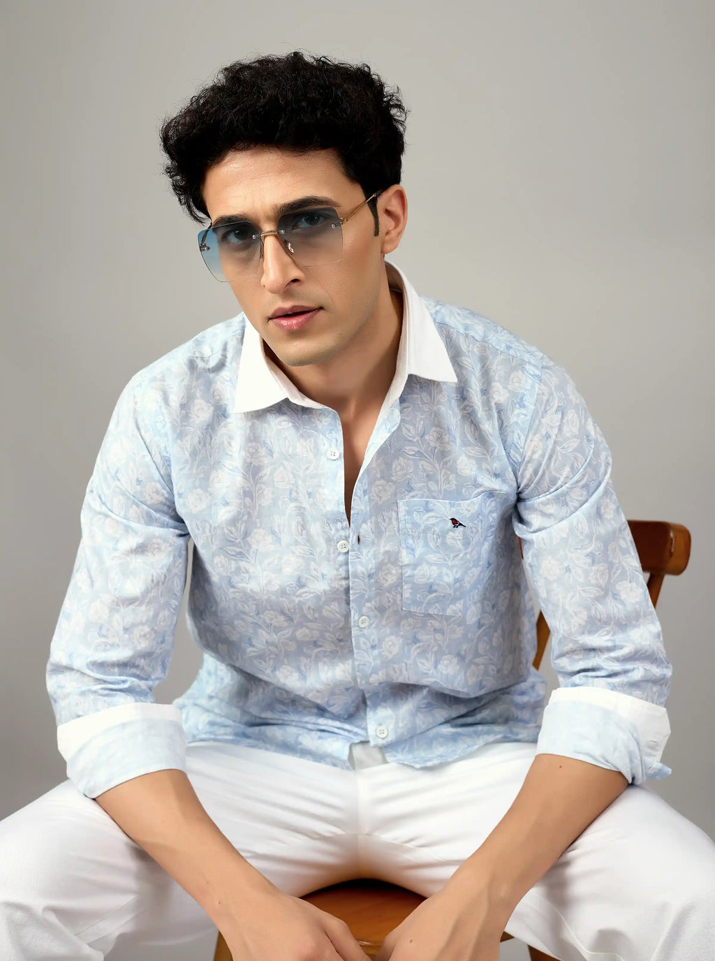 Sky Blue Floral Artisanal Linen Shirt – Contrast Edition
