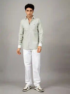 Premium Grey Micro-Stripe 100% Cotton Shirt | Contrast Collar & Cuffs