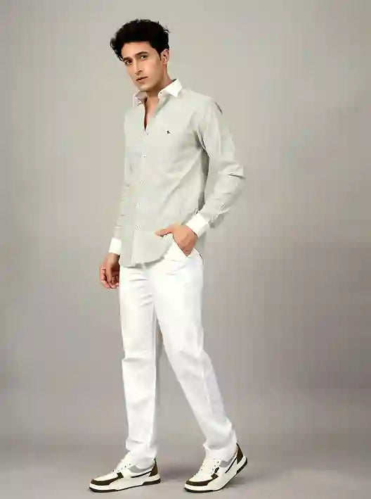 Premium Grey Micro-Stripe 100% Cotton Shirt | Contrast Collar & Cuffs