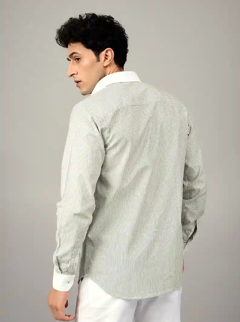 Premium Grey Micro-Stripe 100% Cotton Shirt | Contrast Collar & Cuffs