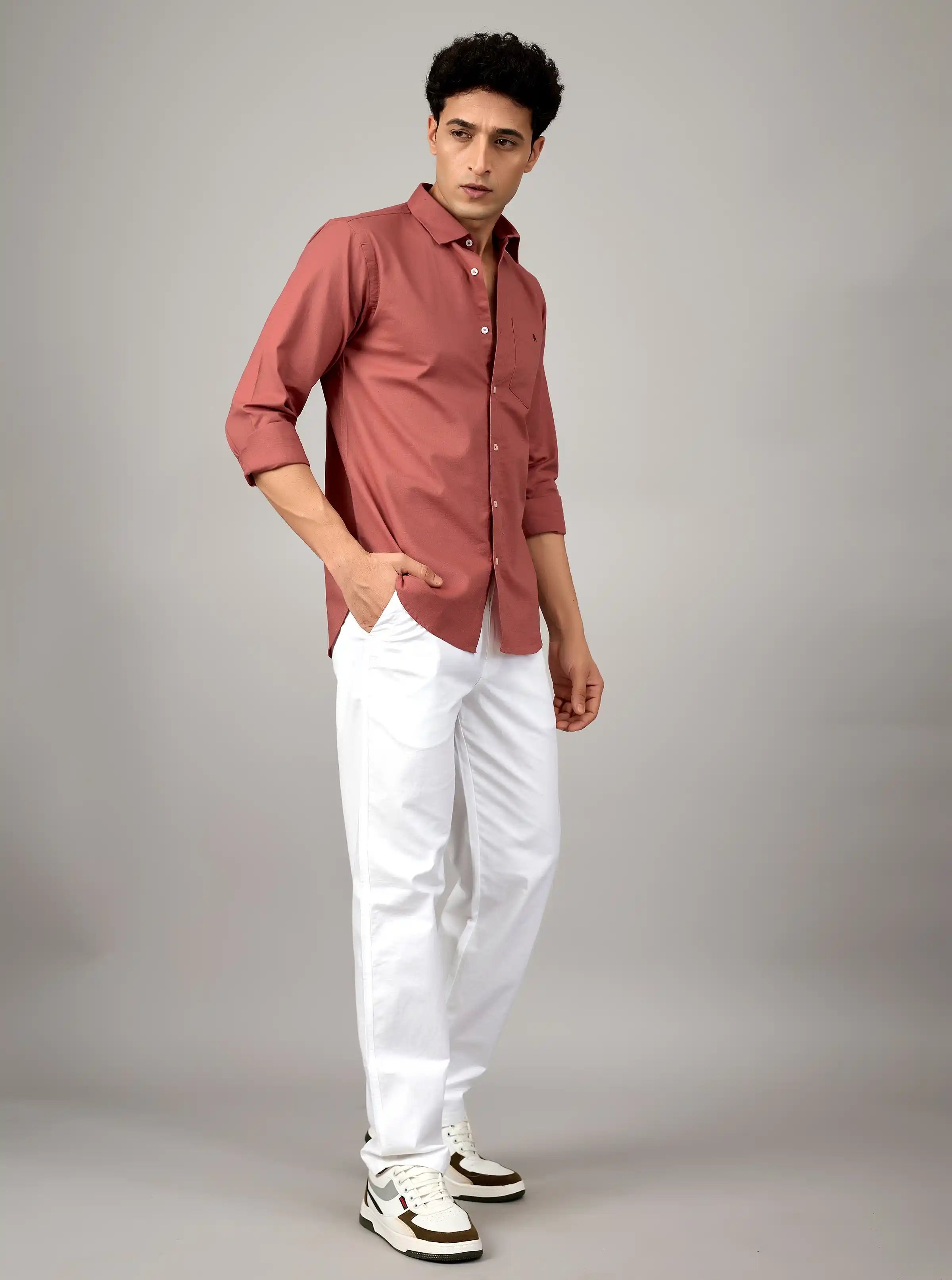 Men’s Dusty Rose Cotton-Linen Blend Slim Fit Shirt
