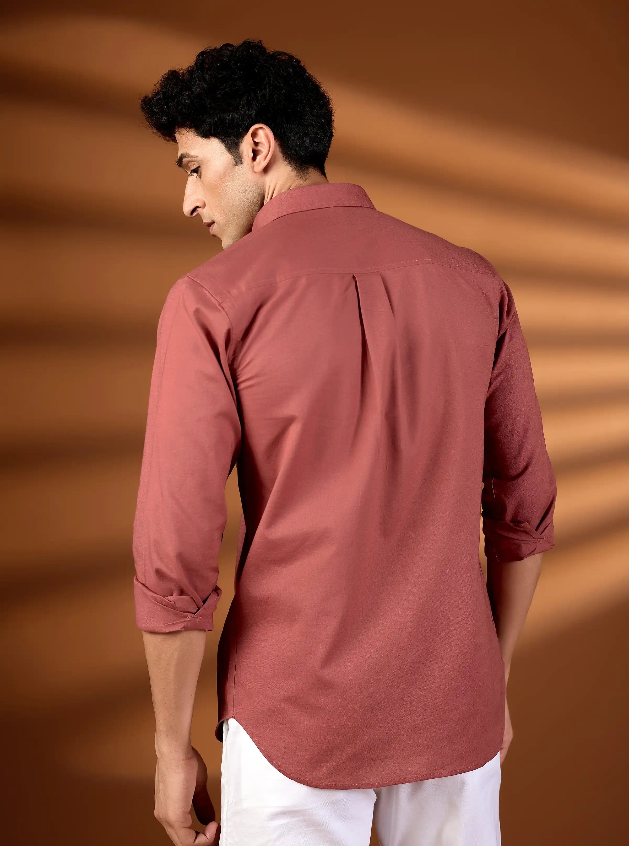 Men’s Dusty Rose Cotton-Linen Blend Slim Fit Shirt