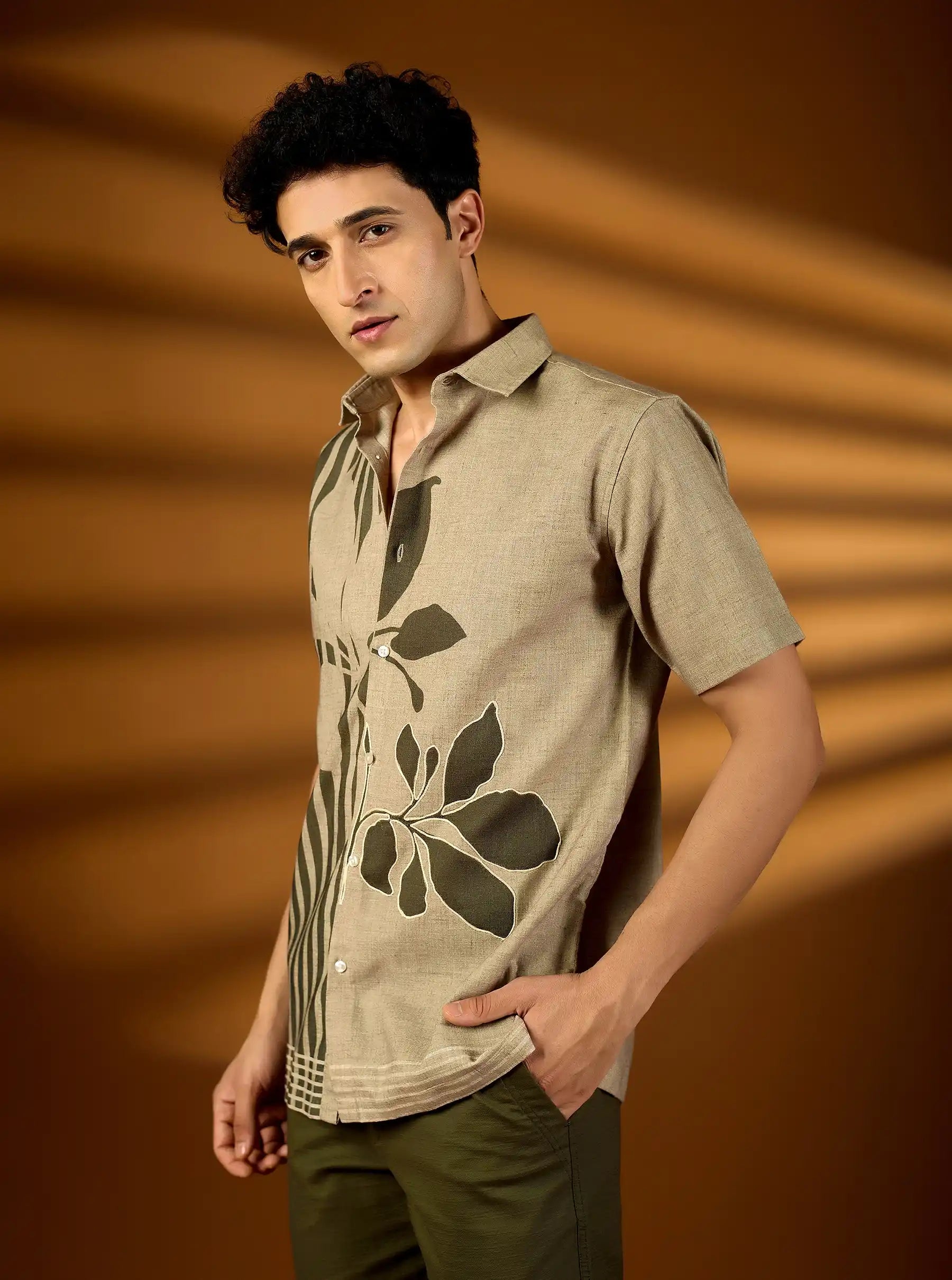 The Earth-Tone Asymmetric Print Shirt | Premium Cotton Slub