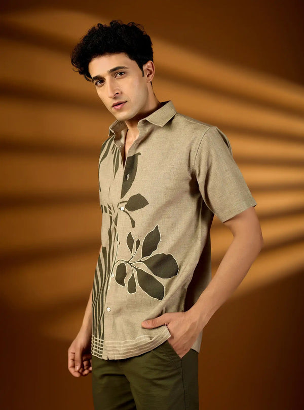 The Earth-Tone Asymmetric Print Shirt | Premium Cotton Slub