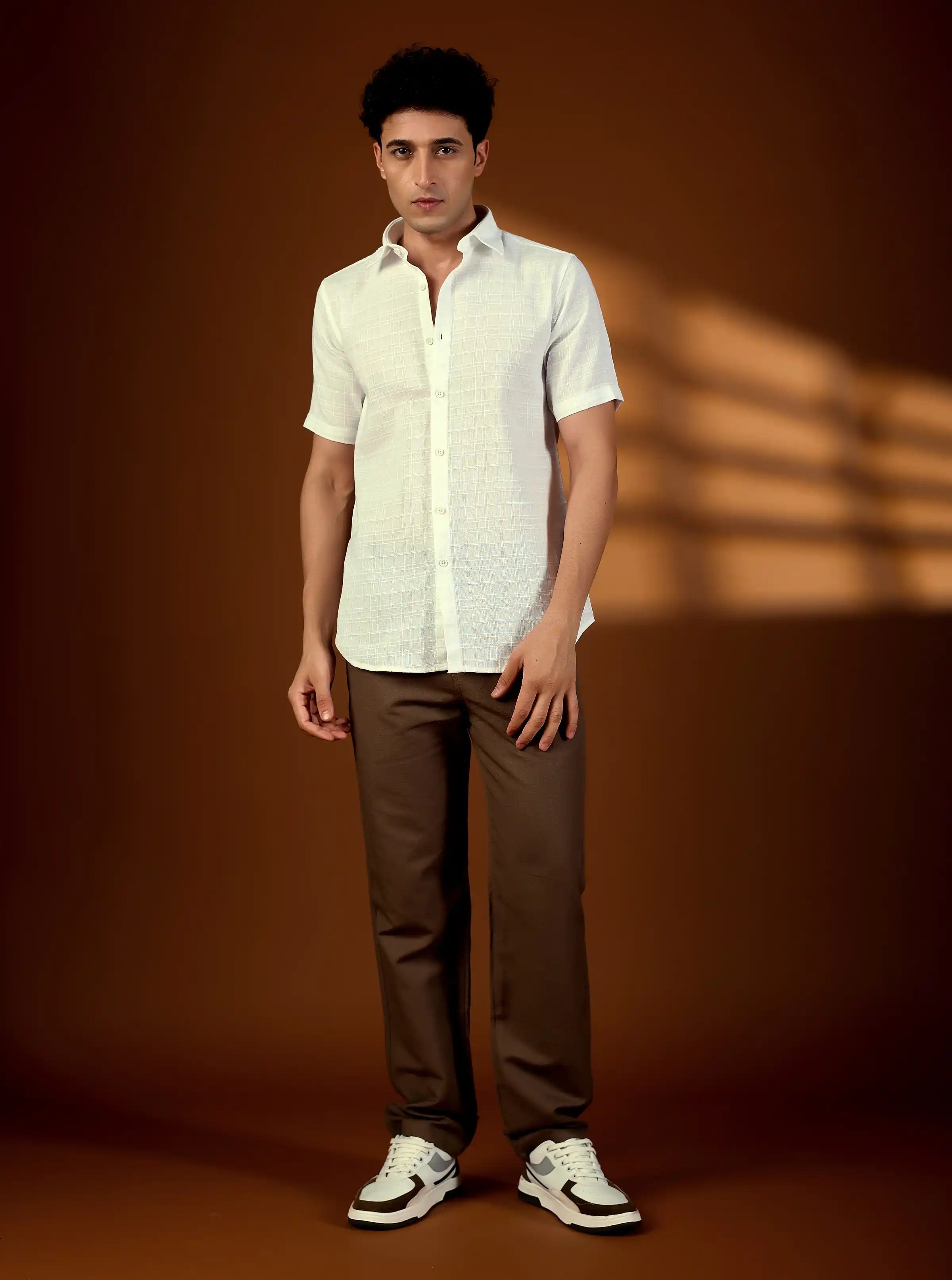 Men’s White Cotton-Linen Textured Short Sleeve Shirt – Premium Summer Essential