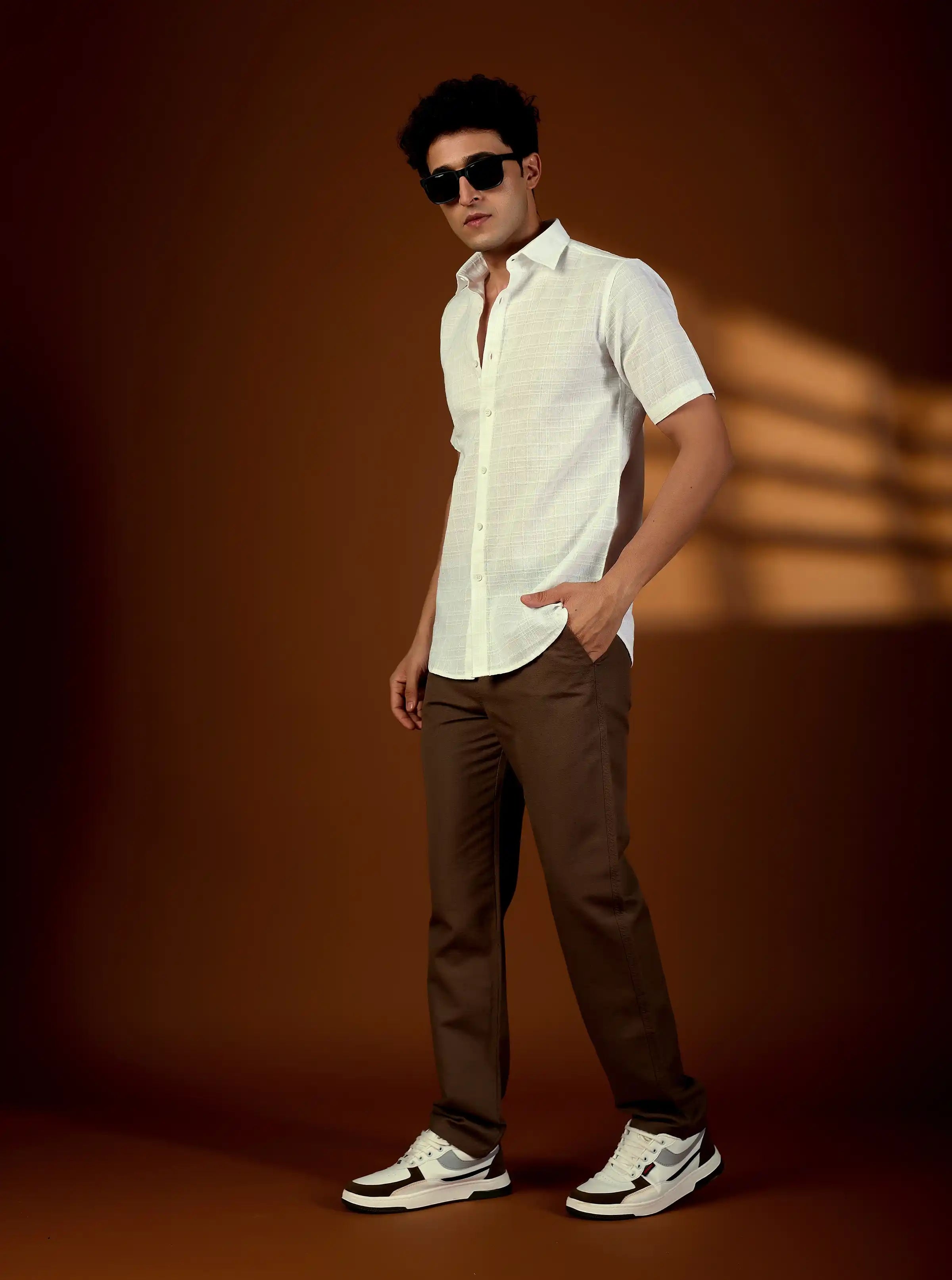Men’s White Cotton-Linen Textured Short Sleeve Shirt – Premium Summer Essential