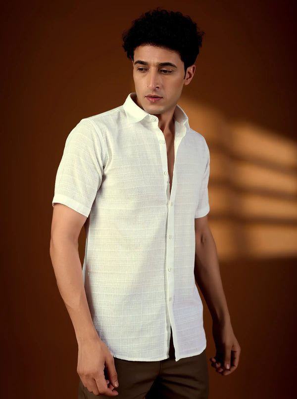 Men’s White Cotton-Linen Textured Short Sleeve Shirt – Premium Summer Essential