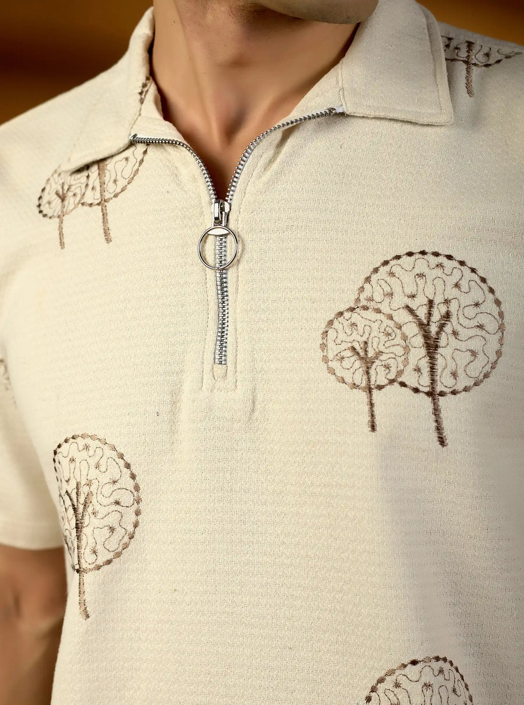 Earthy Tree Embroidered Natural Cotton Short Kurta – Beige