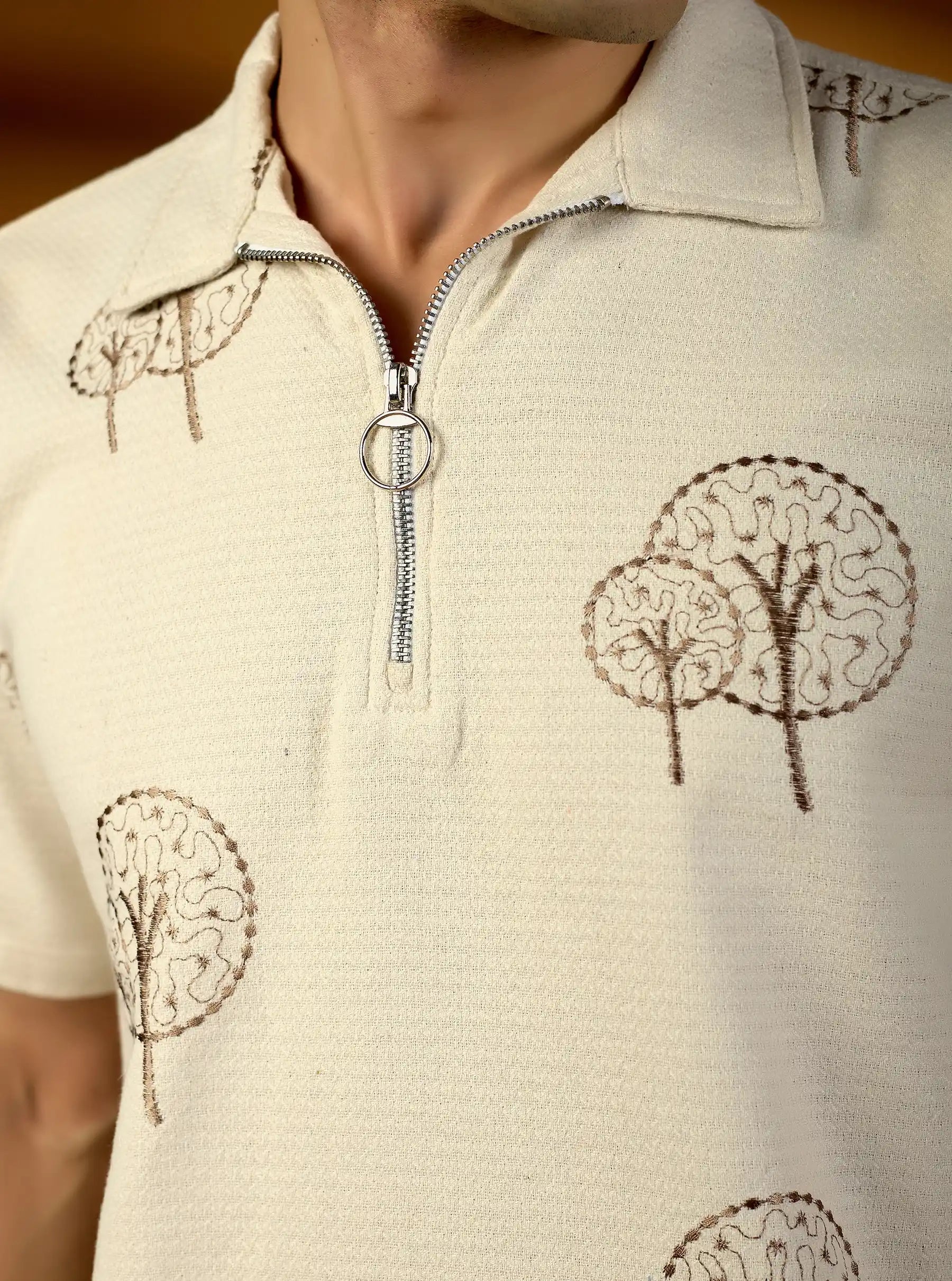 Earthy Tree Embroidered Natural Cotton Short Kurta – Beige