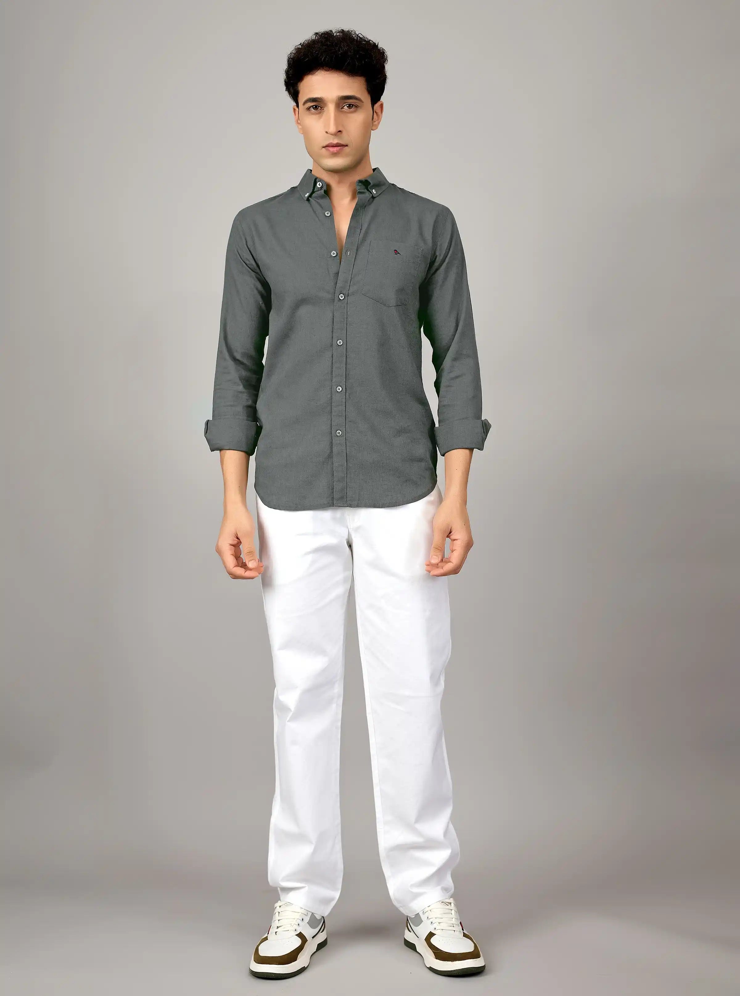 Premium Charcoal Cotton-Linen Button-Down Shirt – Slim Fit