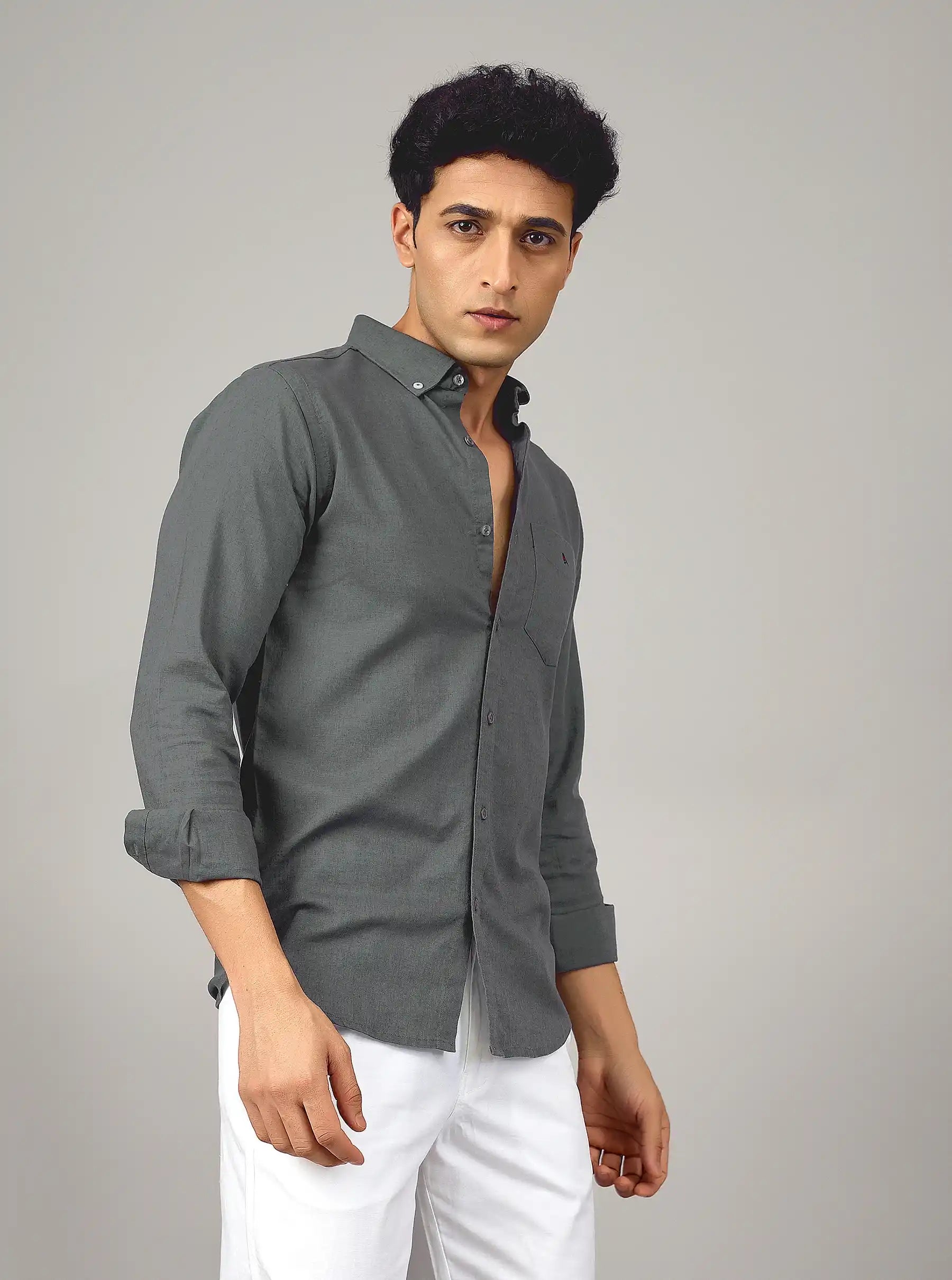 Premium Charcoal Cotton-Linen Button-Down Shirt – Slim Fit