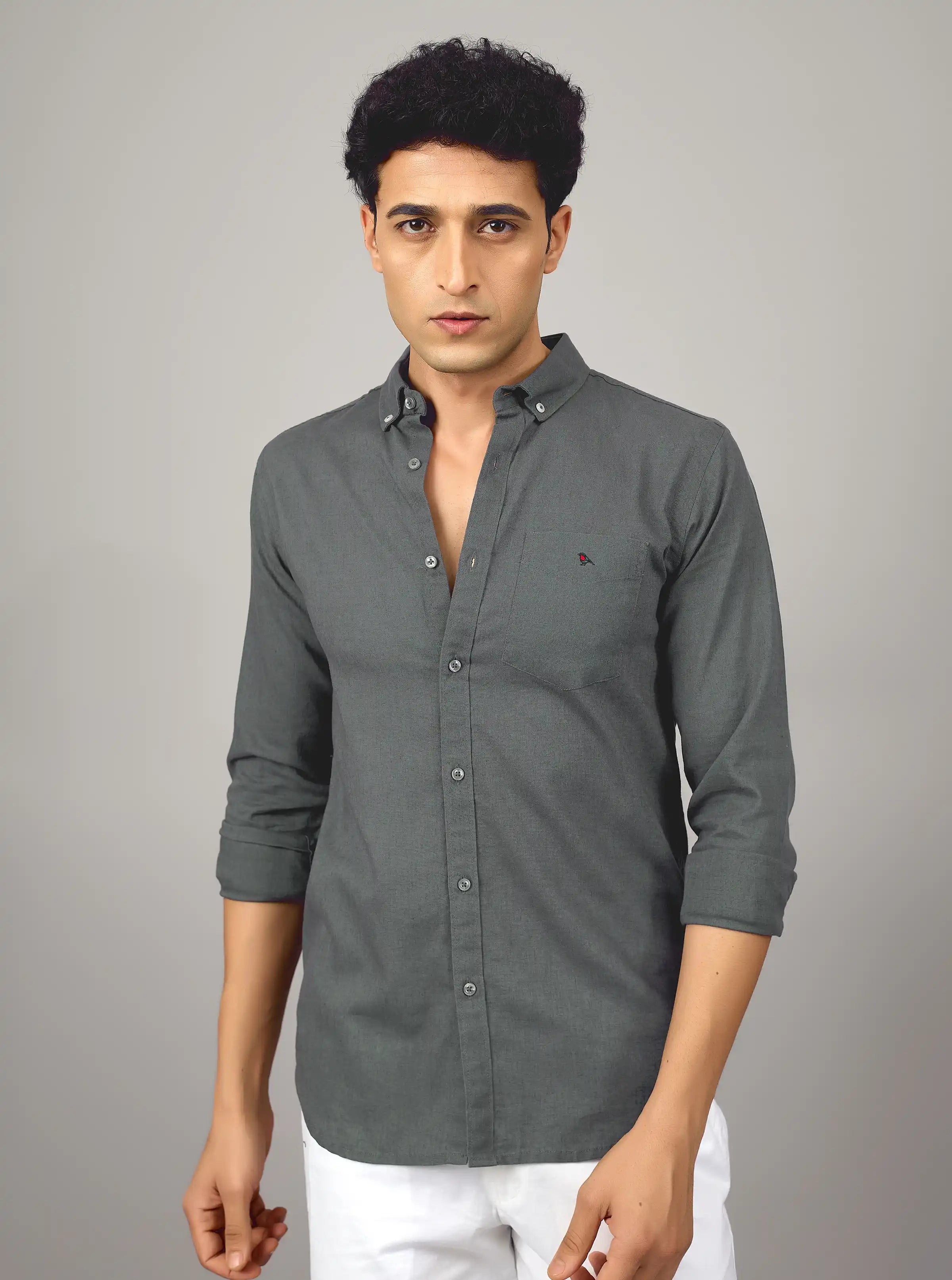 Premium Charcoal Cotton-Linen Button-Down Shirt – Slim Fit