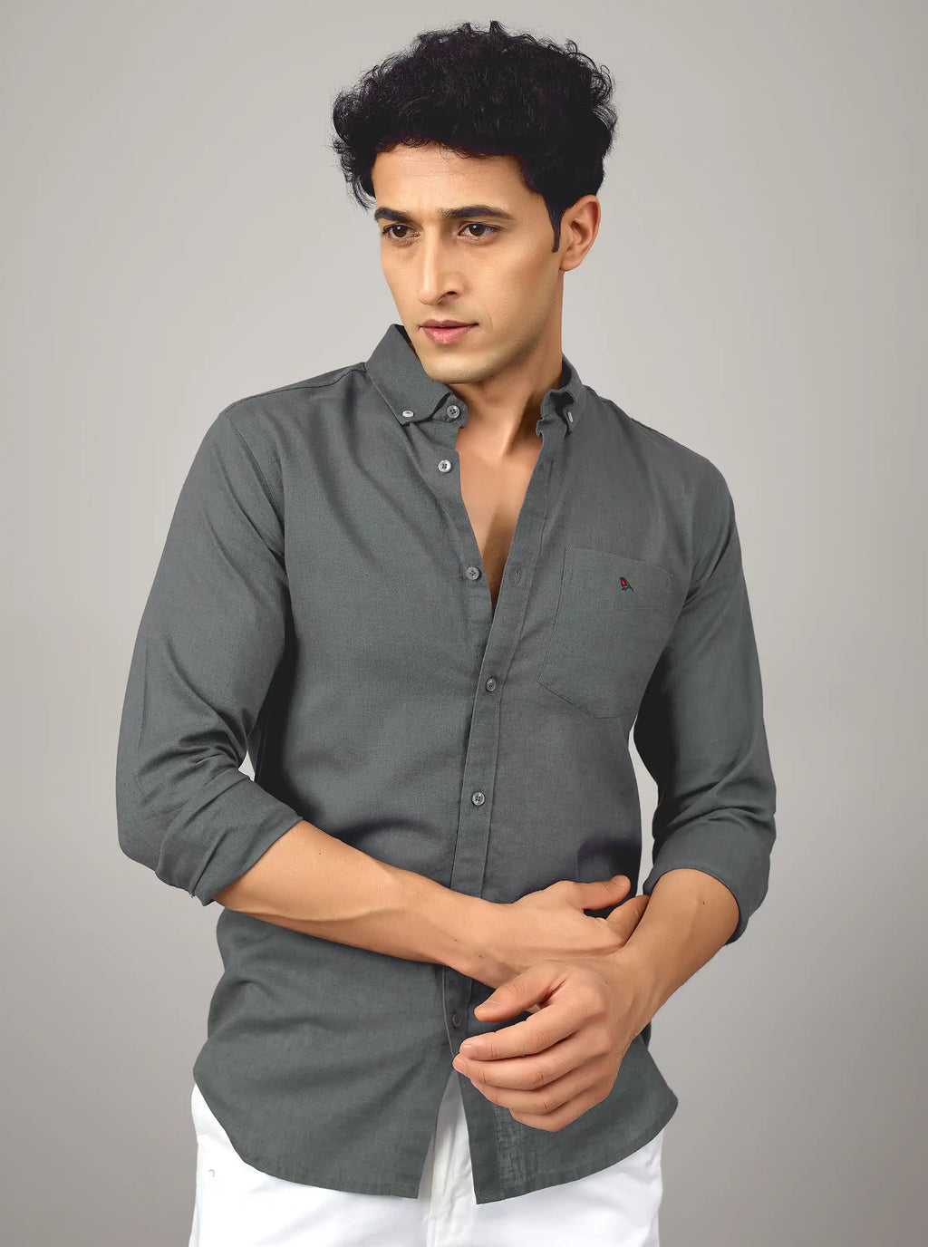 Premium Charcoal Cotton-Linen Button-Down Shirt – Slim Fit