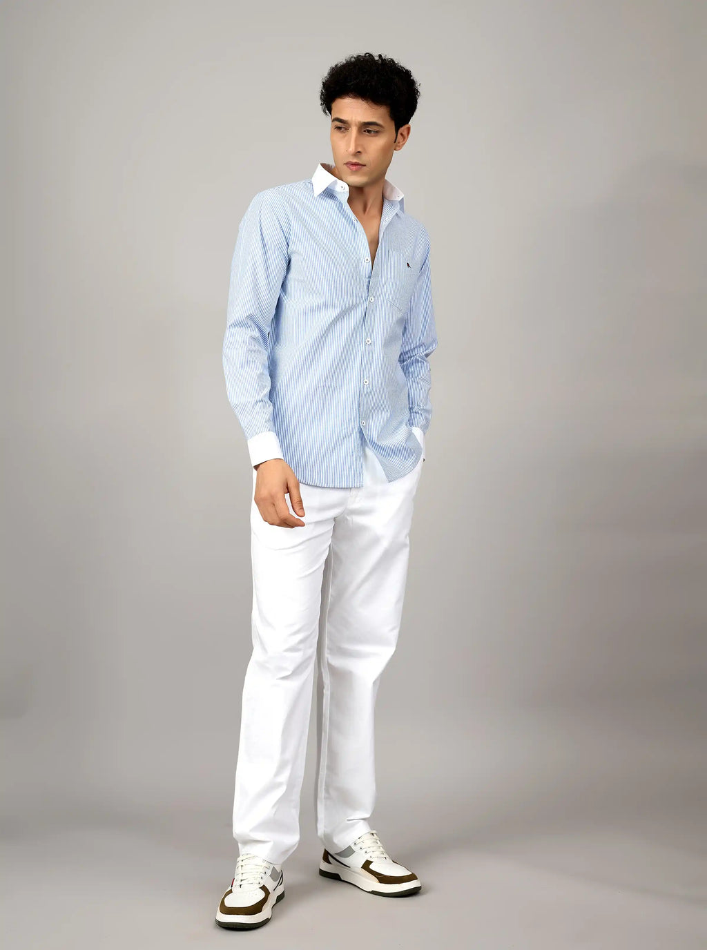 Sky Blue Micro-Stripe Cotton Shirt with Contrast Trims