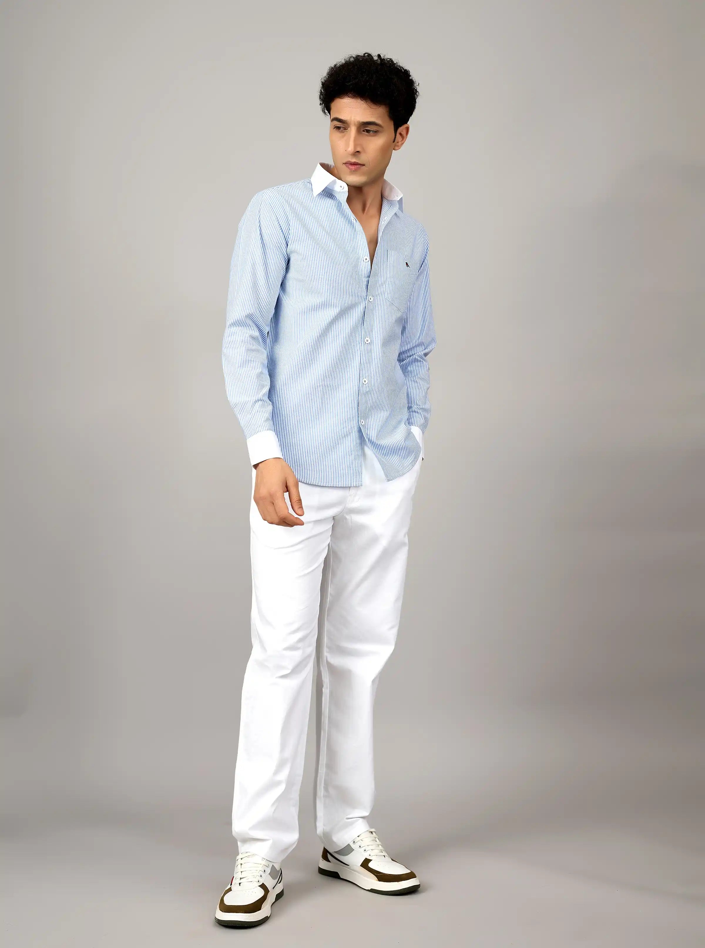 Sky Blue Micro-Stripe Cotton Shirt with Contrast Trims