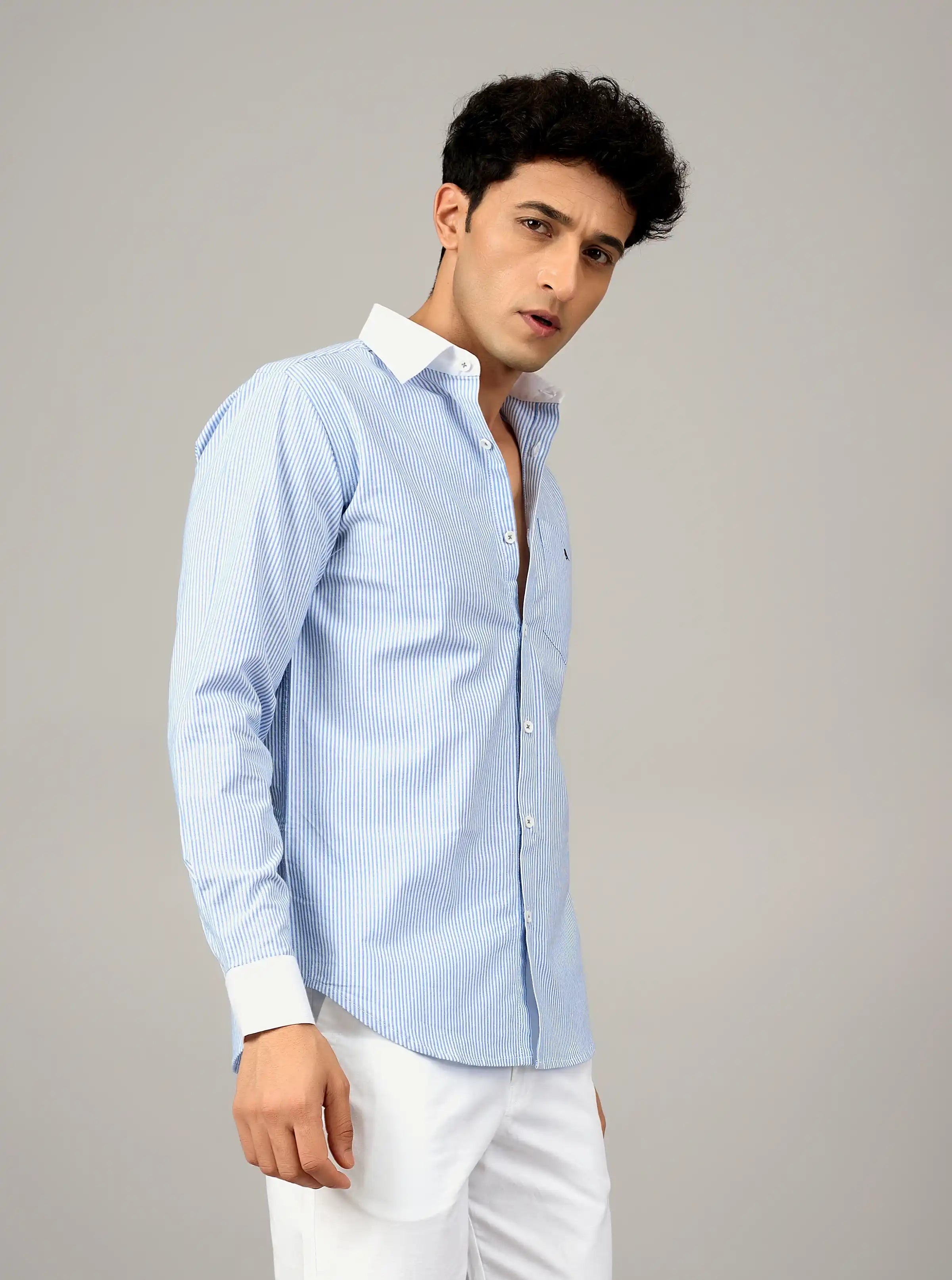Sky Blue Micro-Stripe Cotton Shirt with Contrast Trims