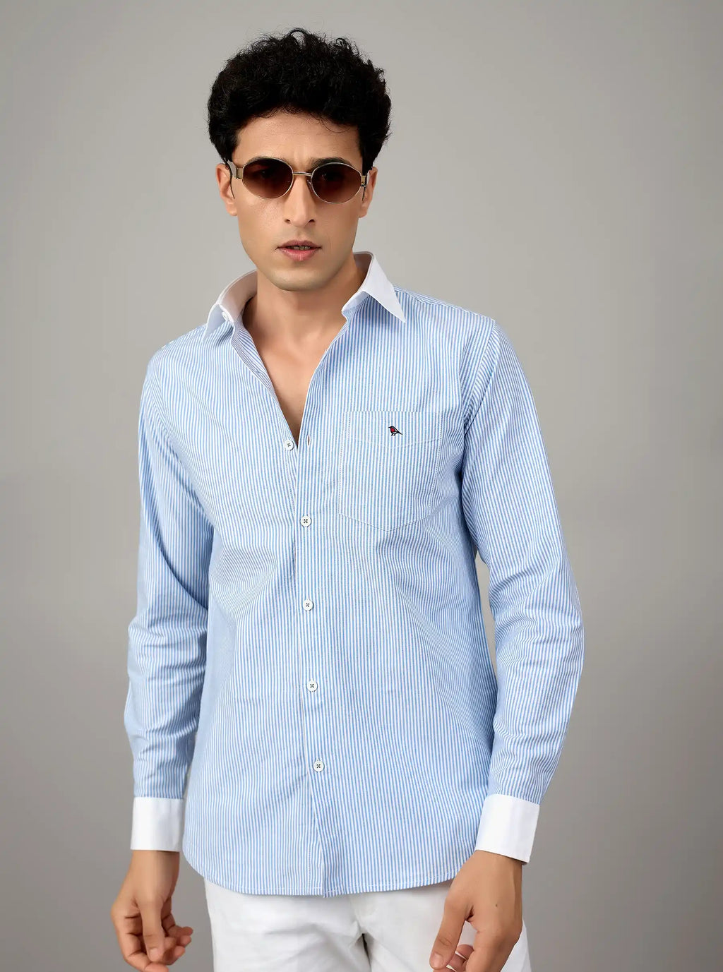 Sky Blue Micro-Stripe Cotton Shirt with Contrast Trims