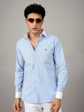 Sky Blue Micro-Stripe Cotton Shirt with Contrast Trims