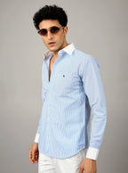 Sky Blue Micro-Stripe Cotton Shirt with Contrast Trims