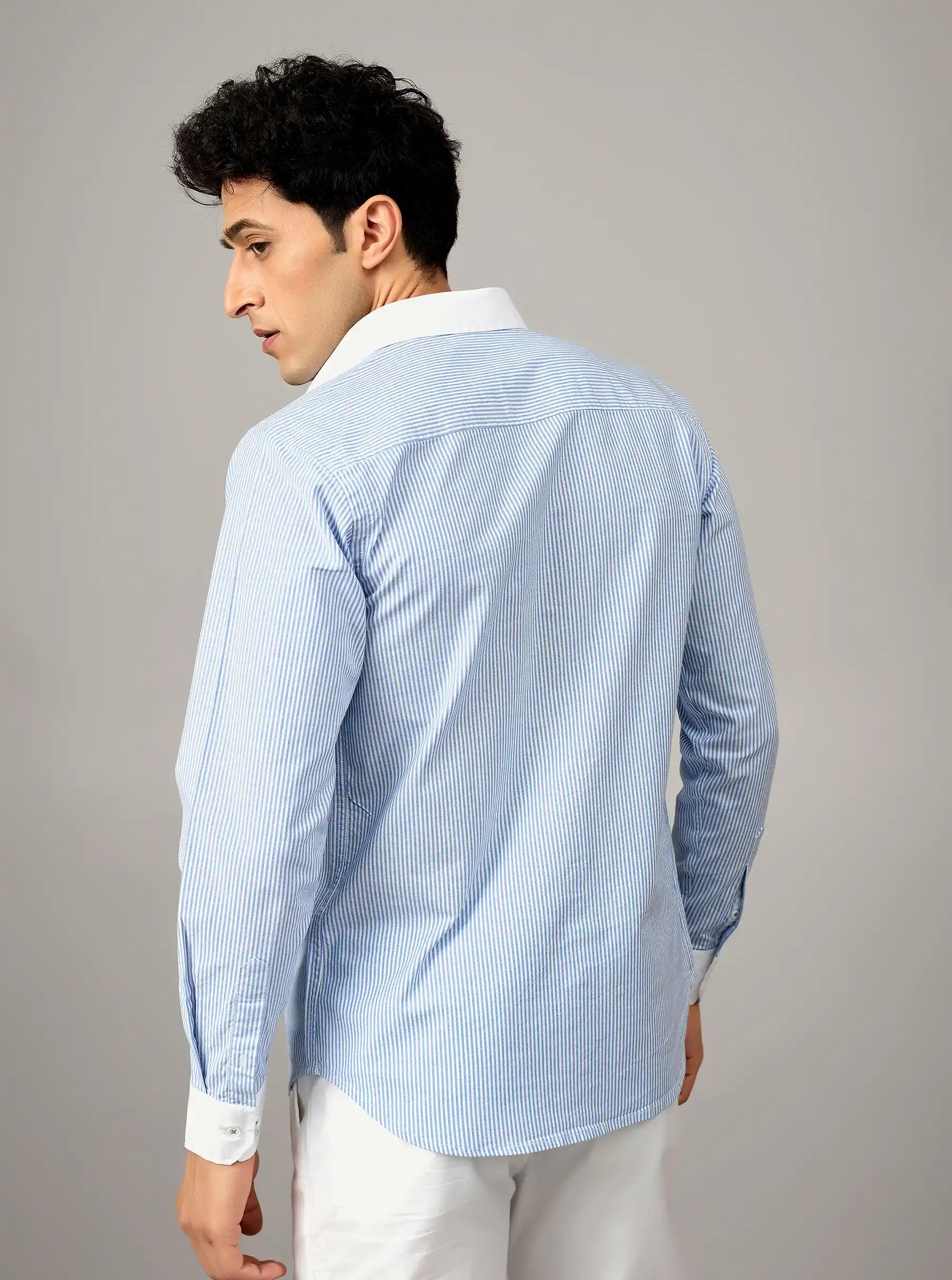 Sky Blue Micro-Stripe Cotton Shirt with Contrast Trims