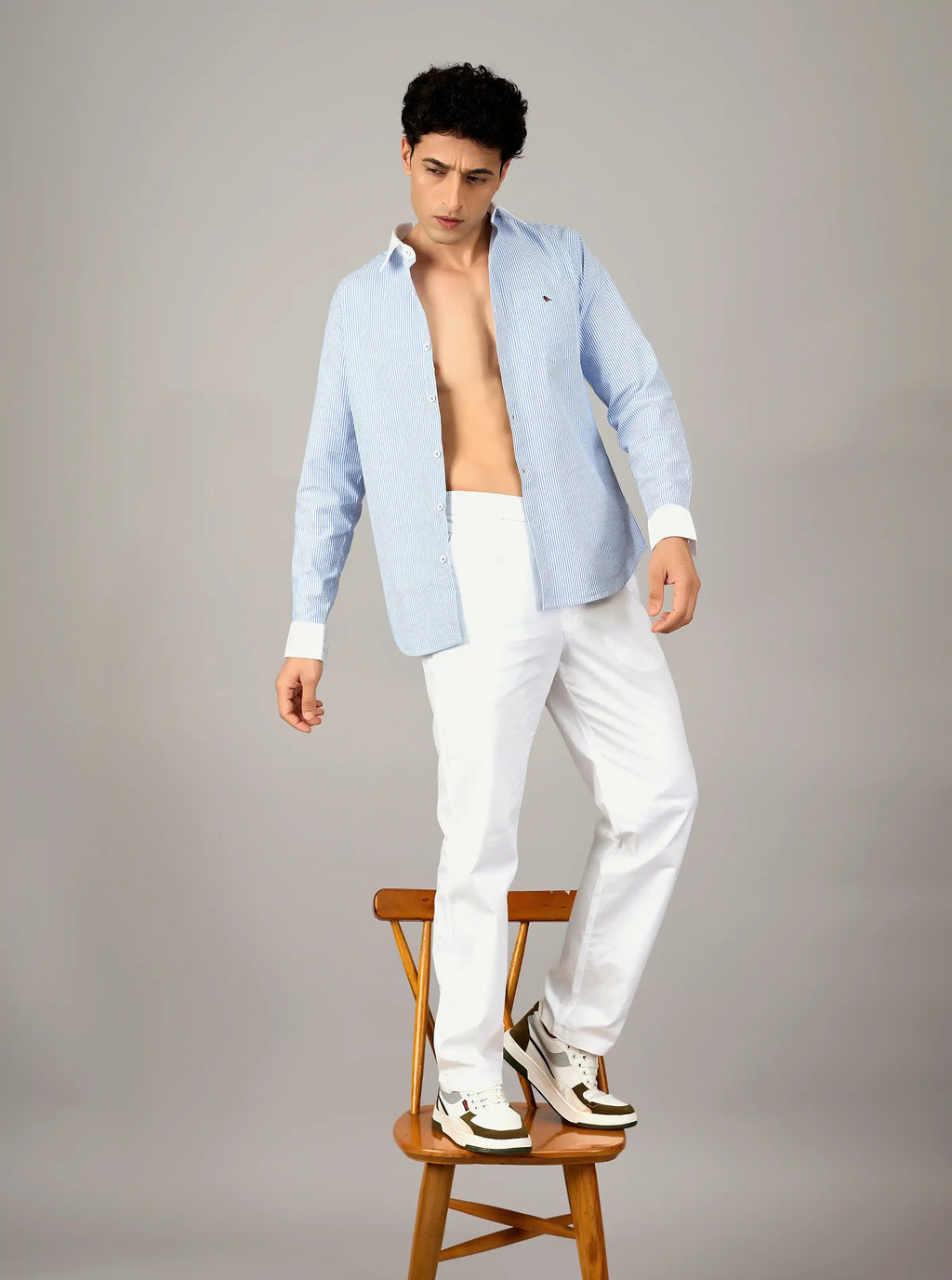 Sky Blue Micro-Stripe Cotton Shirt with Contrast Trims