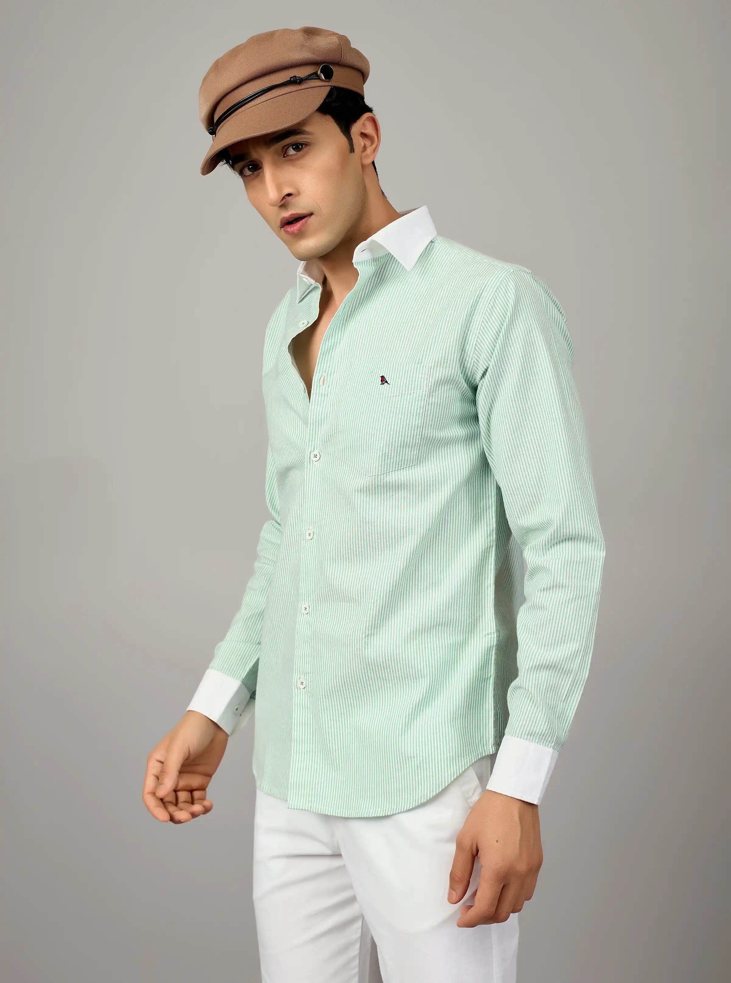 The Mint Pinstripe: 100% Cotton Contrast Collar Shirt